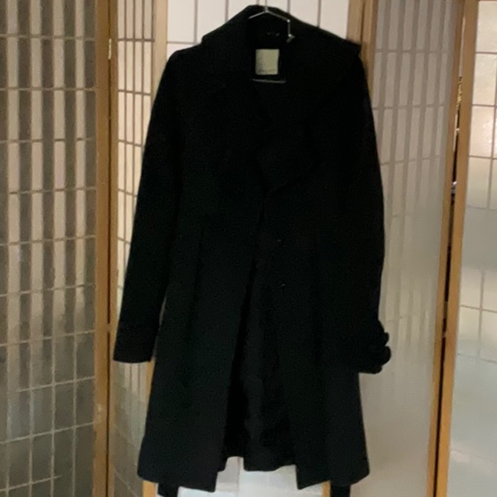 Charcoal grey 3/4 length wool coat, ruffled collar, ruffle and button cuffs